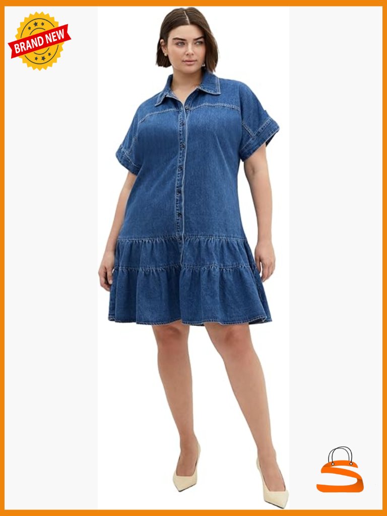 Plus Size Shift Dress - Collared Midi Denim Dress
